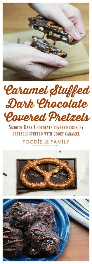 Chocolate Covered Caramel Stuffed Pretzels; crunchy sourdough pretzels enrobed in dark chocolate with a sprinkling of flaky sea salt that ooze perfectly gooey caramel when you bite into them.