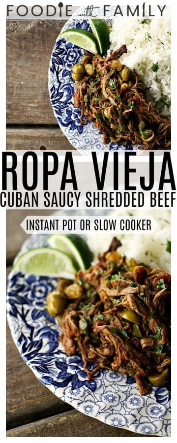 Ropa Vieja: Thin shreds of flank steak braised in a rich tomato vegetable sauce with olives &capers. Prepare in an Instant Pot OR Slow-Cooker.