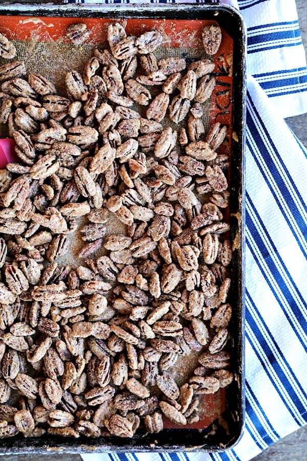 Candied Maple Pecans: Whole pecans candied with real maple syrup, fragrant cinnamon, and just the barest hint of spice and salt. Great for snacking, salads, and top of yogurt, ice cream, or oatmeal.