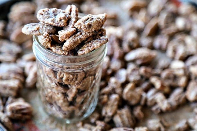 Candied Maple Pecans: Whole pecans candied with real maple syrup, fragrant cinnamon, and just the barest hint of spice and salt. Great for snacking, salads, and top of yogurt, ice cream, or oatmeal.