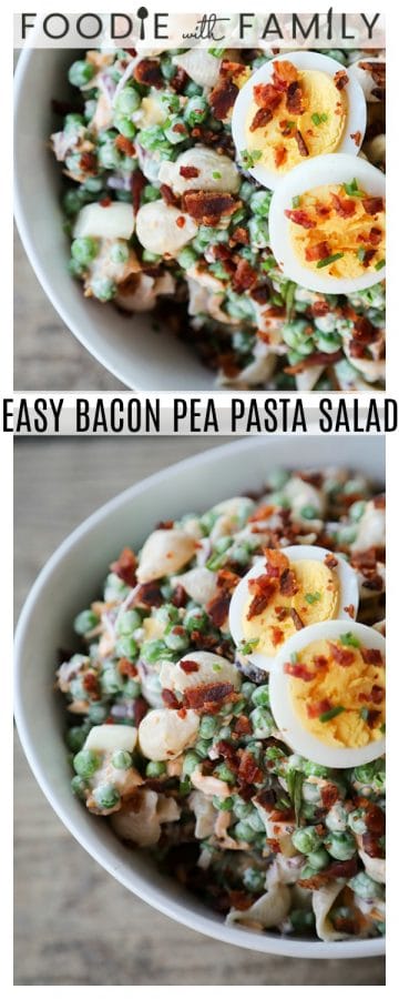 The sweet pop of tender baby peas, creamy mayonnaise dressing, crunchy mild red onion, chopped hard-boiled eggs, and crispy bacon join forces with shell pasta in your new favourite spring and summer dish: Easy Bacon Pea Pasta Salad.