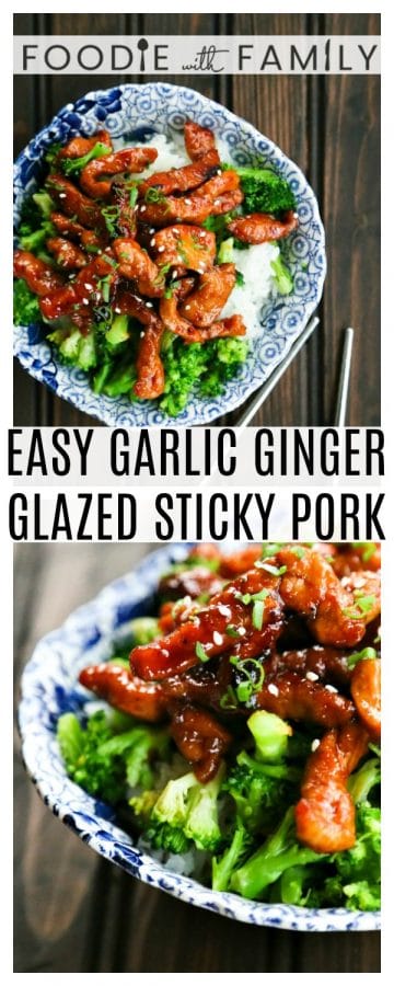 Easy Garlic Ginger Glazed Sticky Pork 8 Easy Garlic Ginger Glazed Sticky Pork is tender strips of pork glazed with an easy sticky, sweet, spicy, garlicky, gingery sauce.