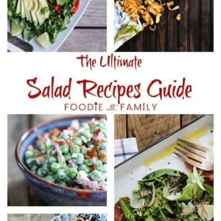 ultimate salad recipes guide collage, southwestern chicken salad, tex mex cobb salad, bacon pea salad, bresaola parmesan salad