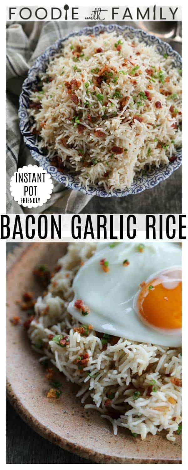 Bacon Garlic Rice; tender grains of basmati rice bursting with bacon, fried garlic, and fresh green onion. It's a flavour explosion that is great with grilled chicken, fish, beef, or pork, obviously, but it is also amazing as a base for beef stew, as a grain element on a green salad, or nibbled straight from the fridge at midnight.And if you should happen to drop a fried egg onto a bowl of it, you will be thrilled with yourself. Talk about a breakfast!