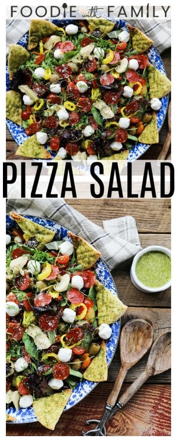 Supreme Pizza Salad: this salad is no boring, average salad. Mixed greens are tossed with crisped pepperoni, pesto pita chips, artichoke hearts, mini mozzarella balls, marinated olives, cherry tomatoes, sun dried tomatoes, pepperoncini, Parmesan cheese and a flavourful pesto vinaigrette.