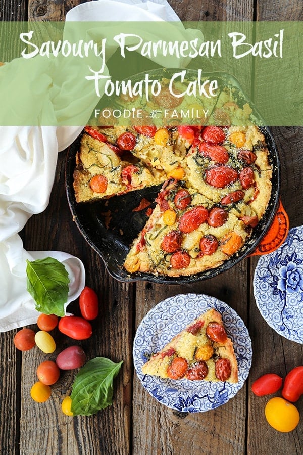 Not all cakes need to be sweet! This Savoury Parmesan Basil Tomato Cake is delicious and wonderfully memorable. You'll crave this Parmesan flavoured cake studded with burstingly fresh cherry tomatoes and fresh basil all summer long! Whip up with grape tomatoes in the cold months for a taste of warmth!