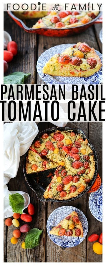 Not all cakes need to be sweet! This Savoury Parmesan Basil Tomato Cake is delicious and wonderfully memorable. You'll crave this Parmesan flavoured cake studded with burstingly fresh cherry tomatoes and fresh basil all summer long! Whip up with grape tomatoes in the cold months for a taste of warmth!