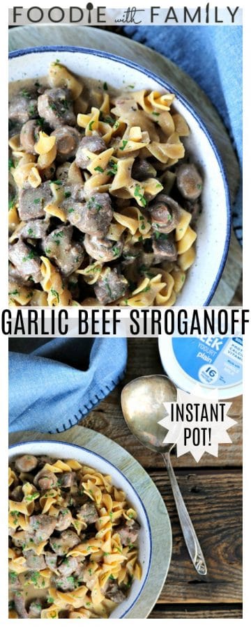 Instant Pot Garlic Beef Stroganoff: creamy, extra garlicky, mushroom and onion gravy enrobing tender beef cubes, with perfect pasta all cooked together in the Instant Pot. This has to be one of the most simple, crave-worthy comfort foods ever to be adapted to the world of electric pressure cookers.