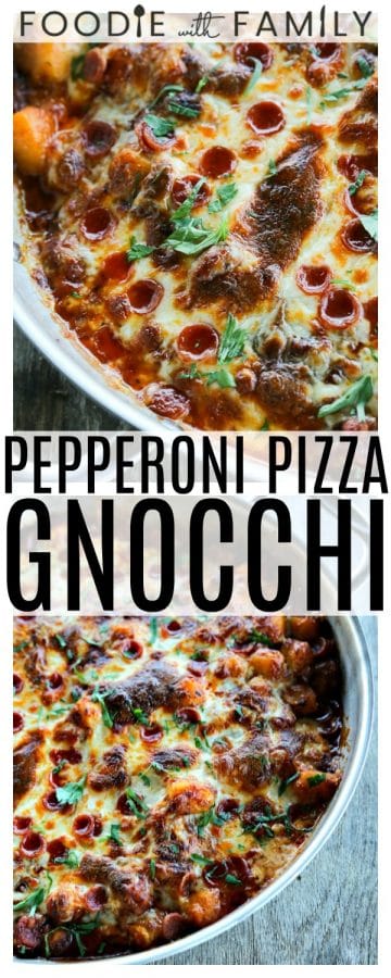 Pizza gnocchi is all the flavours of pizza in pillowy gnocchi sauteed in a little butter then baked with garlicky pizza sauce and pepperoni, covered with a generous layer of melted mozzarella, pepperoni, and a shower of fresh parsley.