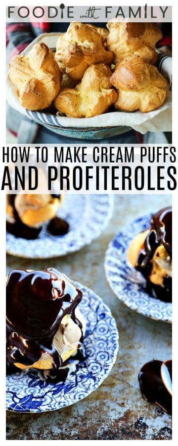 Homemade Cream Puffs filled with ice cream and topped with hot fudge sauce for profiteroles, plus a bonus tip on how to freeze choux pastry ahead of time for almost instant cream puffs!