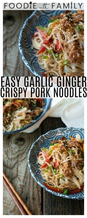 Easy Garlic Ginger Crisp Pork Noodles are going to be your new favourite dinner. Crazy simple. Crazier delicious. And easy on your pocketbook to boot. This delicious meal-in-one whips up in less than 30 minutes.