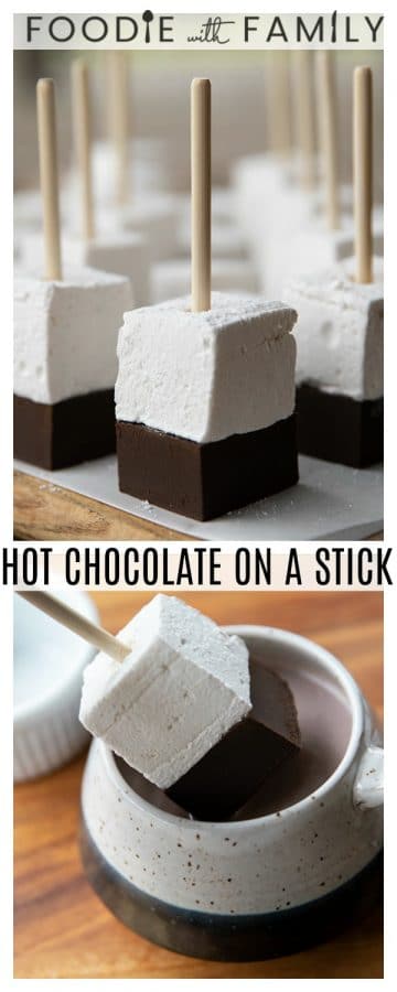 Hot Chocolate on a Stick: This creamy chocolate fudge topped with marshmallow can be left in its pure form and nibbled, or swirled through hot milk for decadent hot chocolate. 
