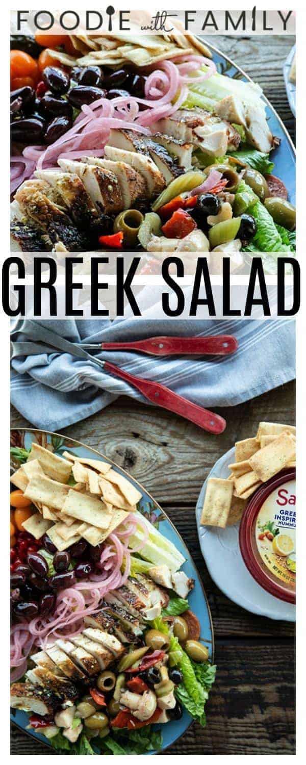 Greek Salad with lemon garlic chicken, marinated olive salad, quick pickled red onions, crumbled feta cheese, garlic stuffed kalamata olives, tiny grape tomatoes, stuffed grape leaves, Greek salad dressing, pita chips as croutons, and a hearty dollop of hummus.This salad will fill you up with sunshiny goodness without making you feel like a slug. The post includes instructions on how to pack these salads up to four days ahead of time for work-week and school lunches.