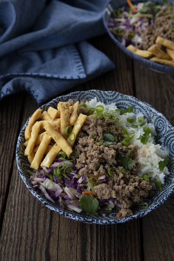 Scoop some of the stir-fried vegetables and some of the pork mixture over hot, cooked rice. Top with wonton strips, if desired, and a sprinkling of fresh cilantro.