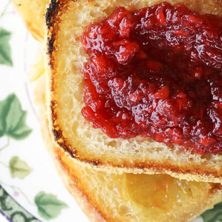 English Muffin Bread topped with strawberry freezer jam and peach freezer jam.