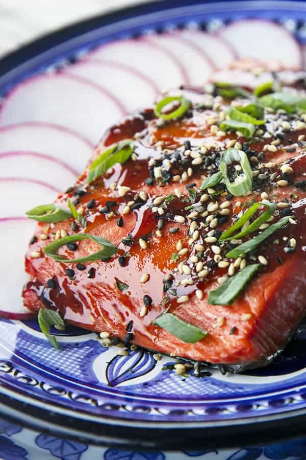 Glazed Salmon with sesame seeds and green onions, radishes, on a blue and white plate