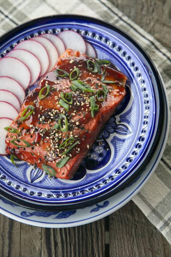 Glazed Salmon with sesame seeds and green onions, radishes, on a blue and white plate