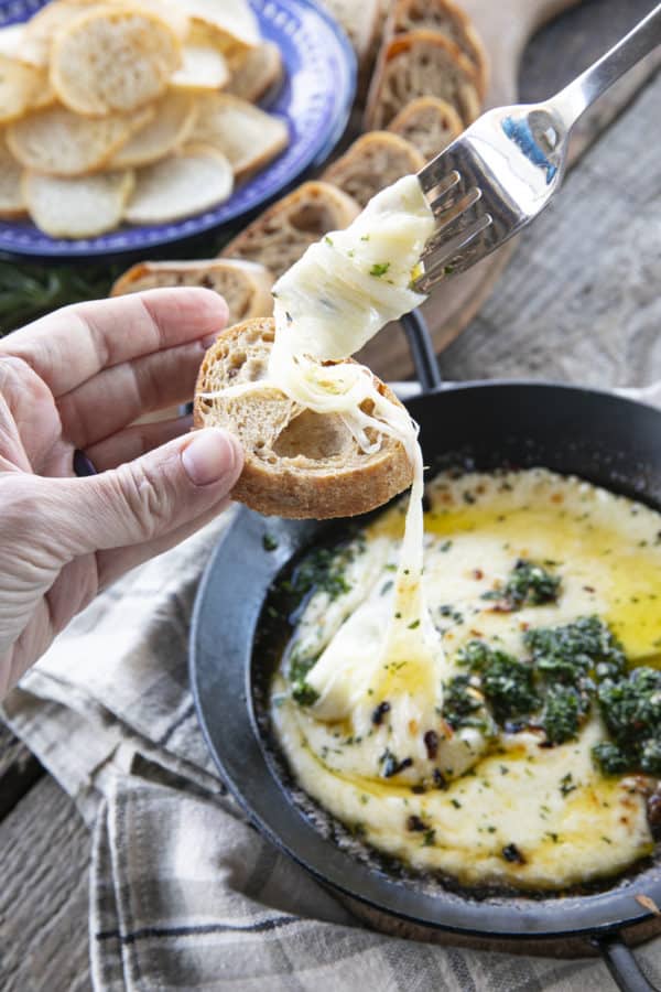 Provoleta -or Fried Cheese- is a delicious Argentinian cheese dish of pan-fried provolone cheese with crushed red pepper flakes and delicious garlic and herb chimichurri. An easier and more enticing appetizer simply doesn't exist!