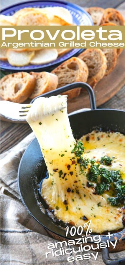 Provoleta -or Fried Cheese- is a delicious Argentinian cheese dish of pan-fried provolone cheese with crushed red pepper flakes and delicious garlic and herb chimichurri. An easier and more enticing appetizer simply doesn't exist!