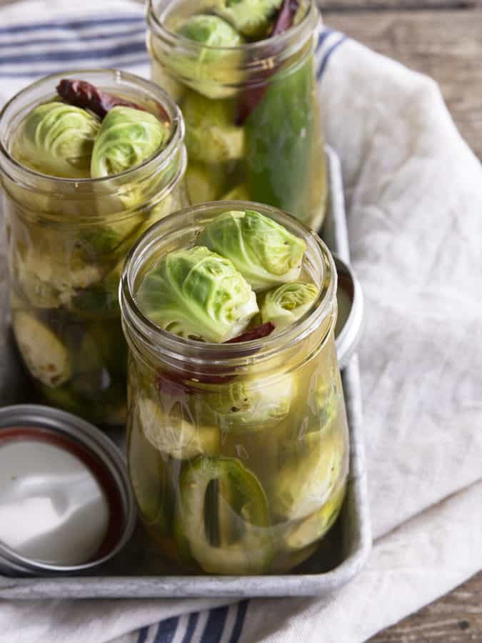 Pickled Brussels Sprouts are garlicky, tangy, crisp-tender, pickled orbs that are delicious as a snack or on a charcuterie board.