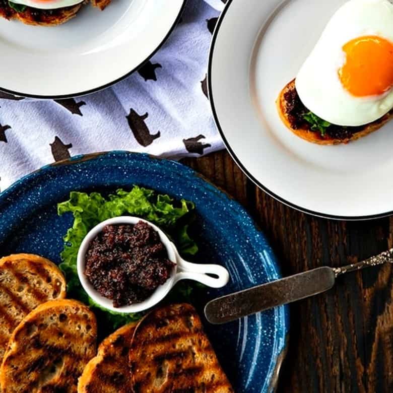 Bacon Jam: Salty, meaty, chewy, sweet, savoury, smoky, bacony goodness. Bacon is crisped and made into the ultimate breakfast spread with maple syrup, onions, coffee, brown sugar and pepper. There is simply nothing better than this on toast with a fried egg on top!
