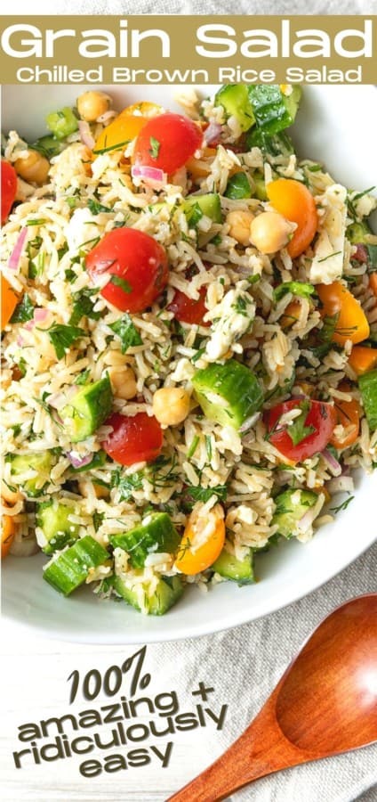 This delightful chilled Grain Salad is chock full of nutty brown rice, herbs, garbanzo beans, cucumbers, tomatoes, feta cheese, and red onions with a simple olive oil and lemon juice dressing. Make a batch of this to stash in the fridge and lunch is in the bag all week!