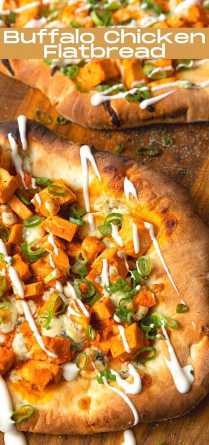 Tender cubes of Spicy Buffalo chicken, blue cheese crumbles or another cheese of your choice, thinly sliced green onions, and a drizzle of blue cheese dressing or ranch dressing top flatbread proving that great food doesn't have to be complicated! Buffalo Chicken Flatbread is equally fabulous as a great appetizer for game day or as an easy dinner.