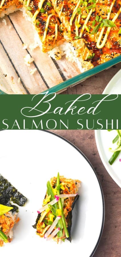 Baked Salmon Sushi satisfies your cravings for Philadelphia Roll sushi with a fraction of the work and cost. Whether you make it for a special busy weeknight meal or a party, it never lasts for very long!