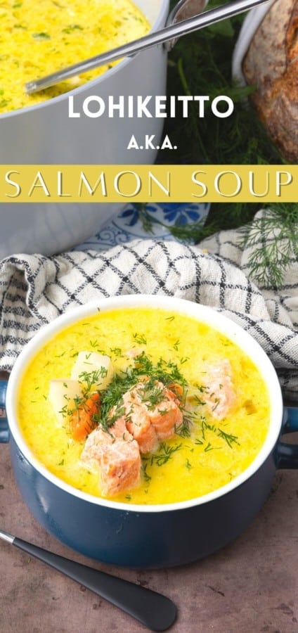Salmon Soup is a light fish chowder in a creamy broth strewn with fresh dill that still manages to be substantial by virtue of hearty potatoes, carrots, leeks, and bite sized chunks of salmon. It's comforting enough to warm you from the inside out during cold winter days, but delicious and light enough to see you through last minute meals year round. Serve this salmon chowder recipe with crusty bread, butter, and a salad, you'll have a main meal that you turn to again and again on a cold winter's night. You'll instantly see and taste why this creamy Salmon Soup recipe is served throughout Finland and other Nordic countries.