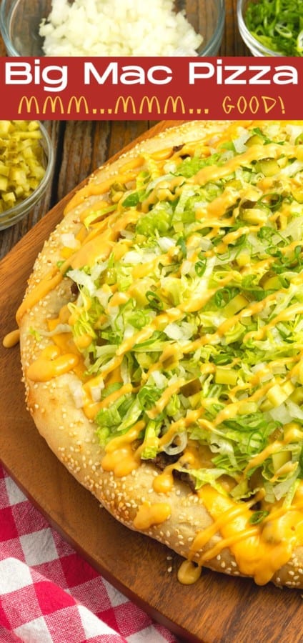 Big Mac Pizza brings the classic “two all beef patties, special sauce, lettuce, cheese, pickles, onions, on a sesame seed bun” taste that you love to pizza in this irresistible recipe! It’s got that craveable fast-food flavour but made fresher than the real thing in your own home for pizza night.