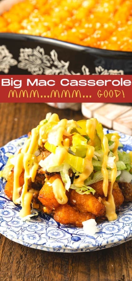 Big Mac Casserole: Saucy ground beef that tastes just like a Big Mac topped with melty cheese and tater tots then baked to bubbly, crispy tater tots topped perfection. This delicious meal the whole family will love is served with your favorite burger toppings like fistfuls of shredded lettuce, diced onion and dill pickle, and drizzled with "special sauce" or thousand island dressing. And while this twist on classic comfort food might sound weird, it is a great family dinner.