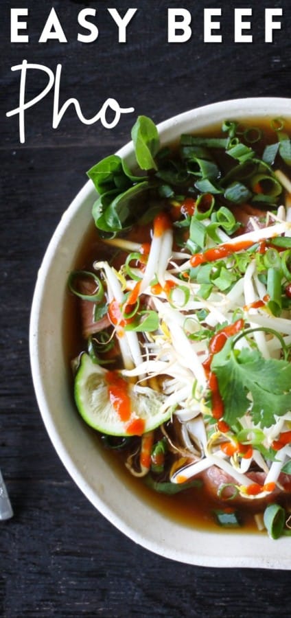 Easy Pho recipe: fragrant beef broth, slices of beef, rice noodles, sprouts, cilantro and basil, hot peppers, and a squeeze of lime!
