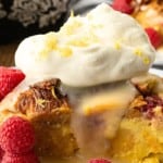 Rich, buttery, & indulgent, this creamy lemon and raspberry croissant bread pudding recipe is almost unbelievably easy to make. The flaky, layered croissant top gives way to the silky, vanilla and lemon scented custard that is studded with fresh raspberries. Optional cream cheese dotted through the custard makes this extraordinary decadent bread pudding taste a little like a cheesecake. It takes so few minutes of hands-on time to make any breakfast, brunch, or dessert a memorable occasion.