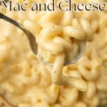 Super creamy high protein mac and cheese with a text overlay describing the photo.