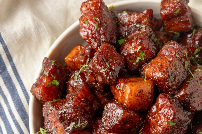 A pan filled with meat bites.