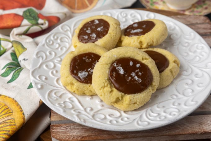 dulce de leche thumprint shortbread cookies on a plate