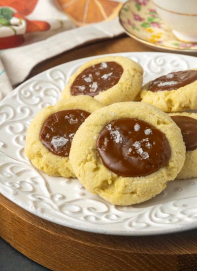 dulce de leche thumprint shortbread cookies on a plate