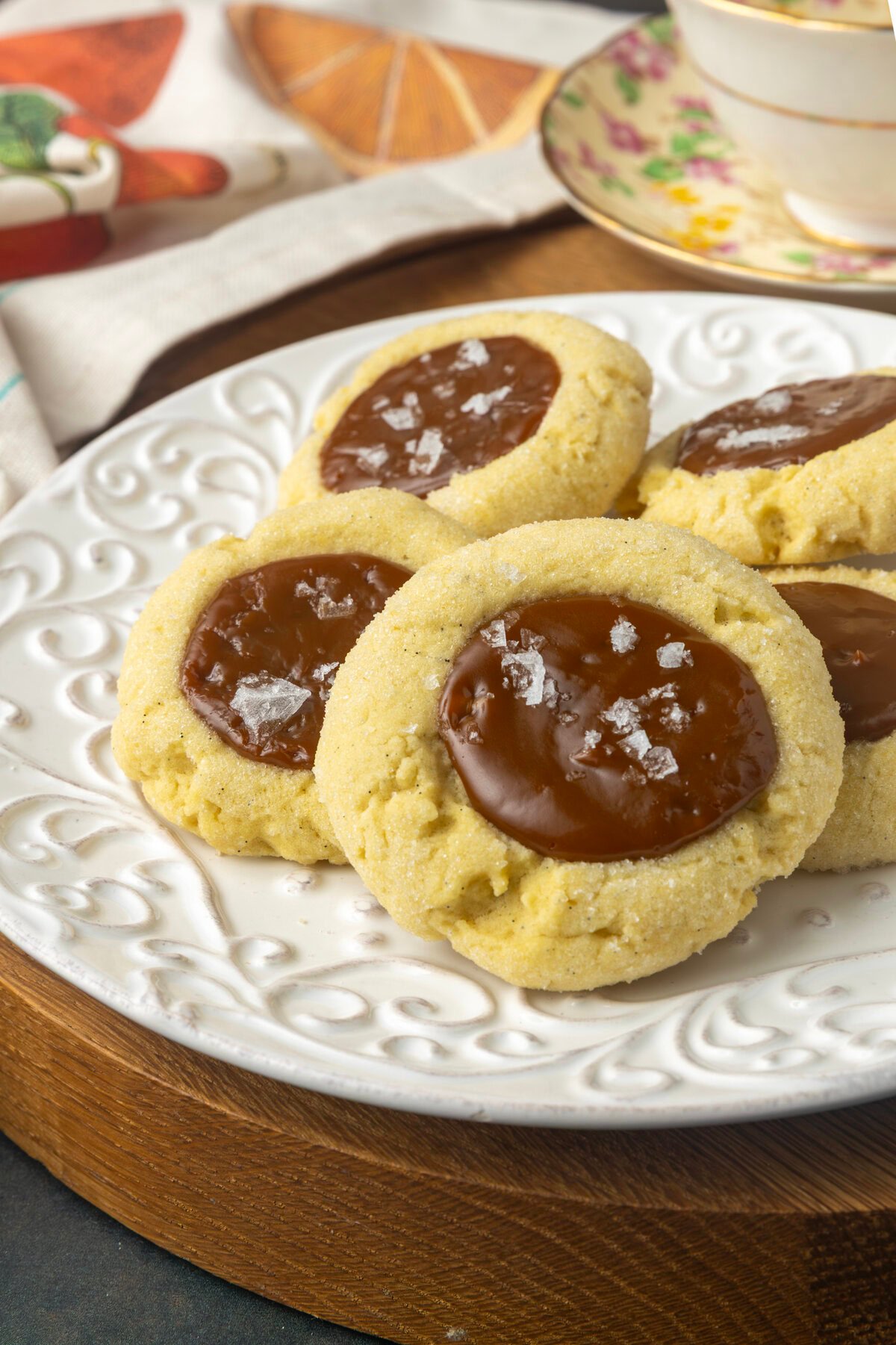dulce de leche thumprint shortbread cookies on a plate