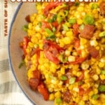 fried sweet corn with bacon, green onions and roasted red peppers in a bowl with text describing the photo
