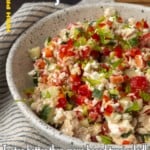 no mayonnaise tuna cucumber salad in a bowl with text describing the photo overlaying it