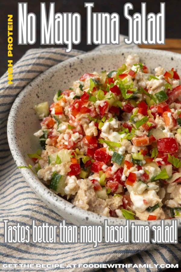 no mayonnaise tuna cucumber salad in a bowl with text describing the photo overlaying it