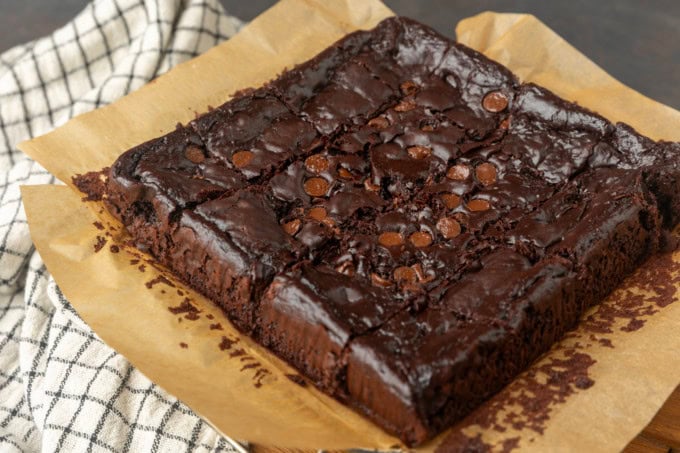 Greek yogurt brownies eggless brownies on parchment paper