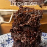 Greek yogurt brownies eggless brownies on a plate with text describing the photo