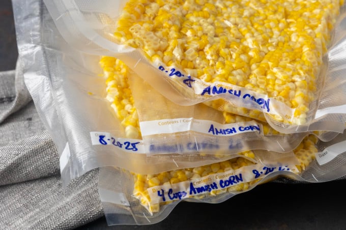 sweet corn cut off of the cob in vacuum sealed bags