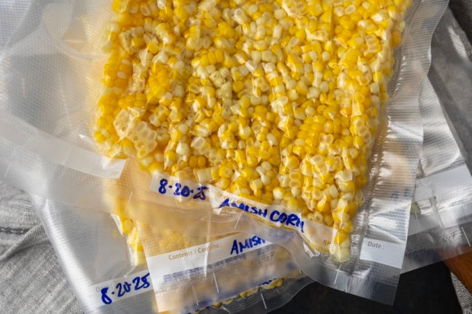 sweet corn cut off of the cob in vacuum sealed bags