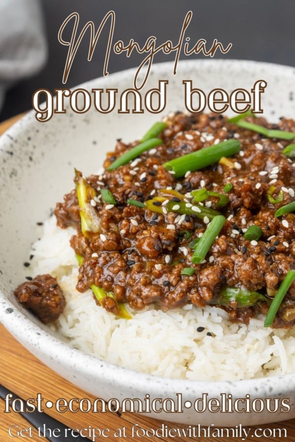 mongolian ground beef on rice in a bowl with text overlay describing the dish