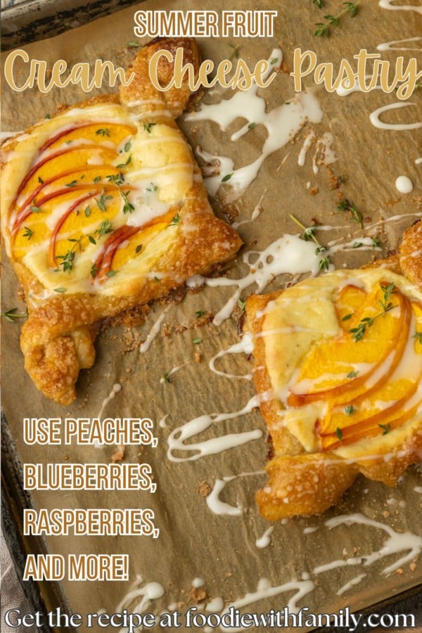 peach cream cheese puff pastry with thyme on parchment lined pan