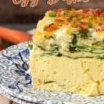 high protein egg bake on a plate with text overlay describing the photo
