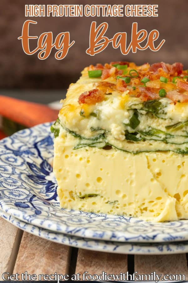 high protein egg bake on a plate with text overlay describing the photo
