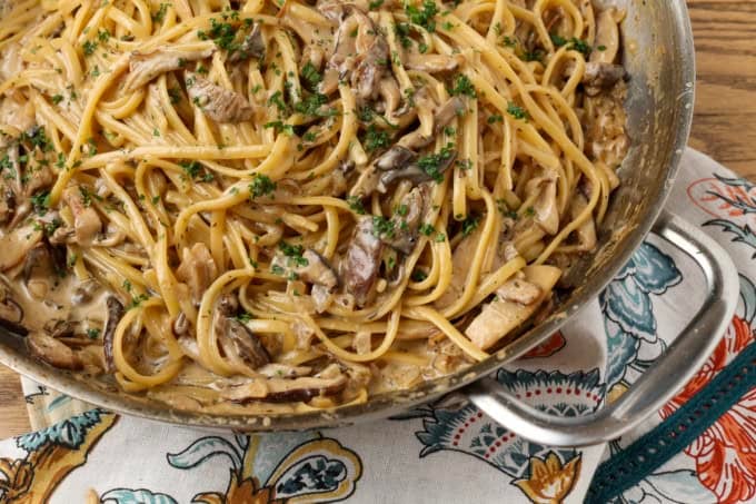 miso mushroom pasta in a pan